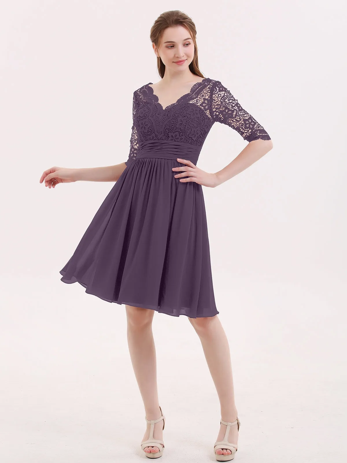 Lace and Chiffon Short Dress with Half Sleeves Plum