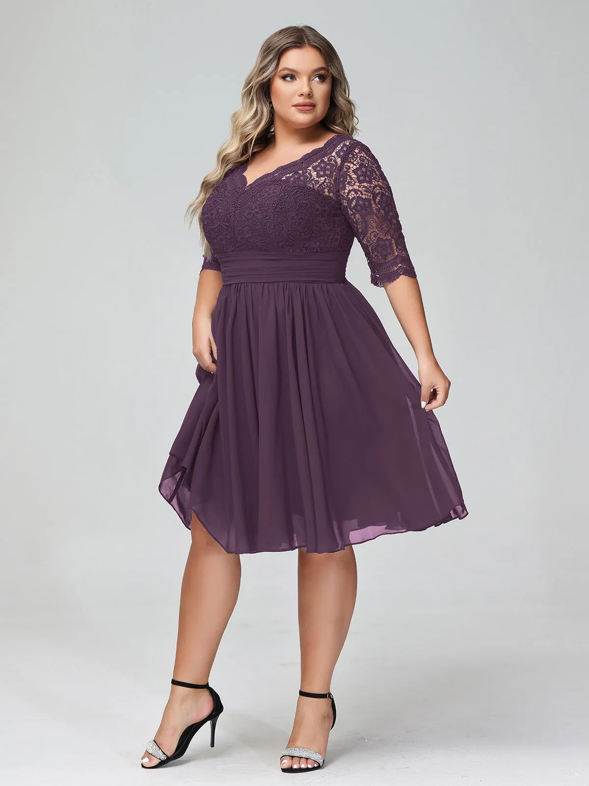Lace and Chiffon Short Dress with Half Sleeves Plum