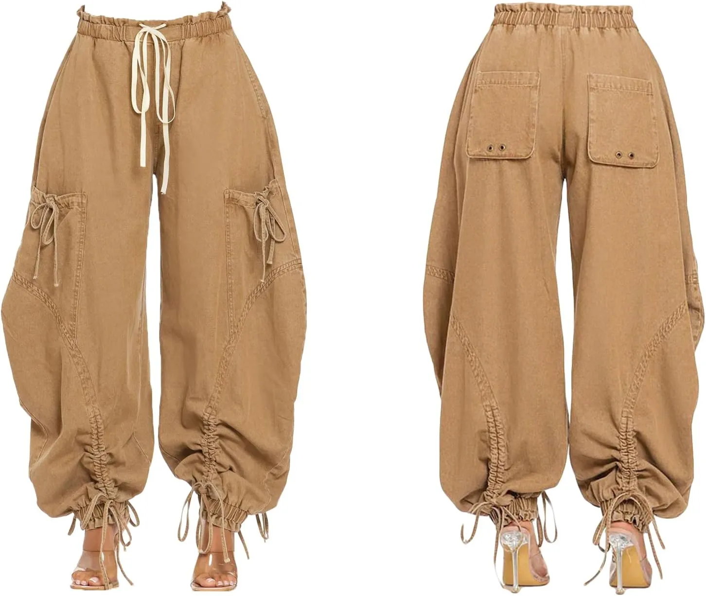 LKOUS Women's Fall Baggy Cargo Jeans,Wide Leg Drawstring Loose Harem Denim Pants with Pockets