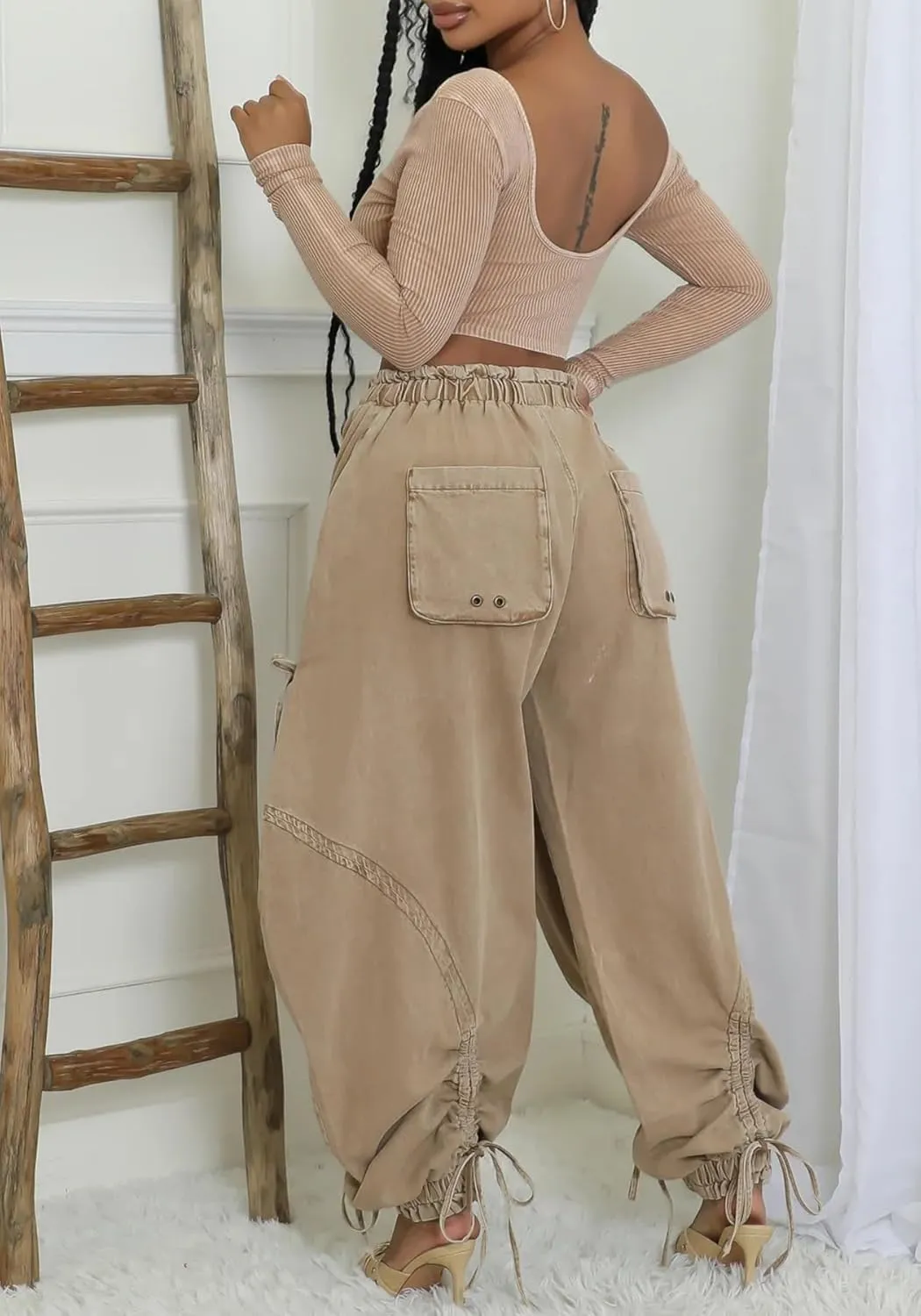 LKOUS Women's Fall Baggy Cargo Jeans,Wide Leg Drawstring Loose Harem Denim Pants with Pockets