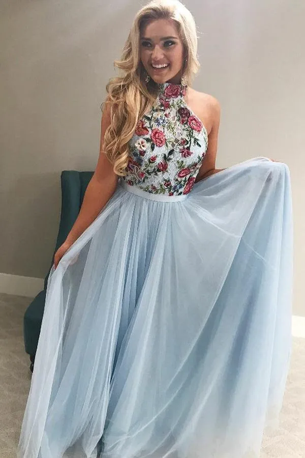 Long A-line Light Sky Blue Tulle Flowy Halter Long Prom Dresses Cheap Evening Dress WK404