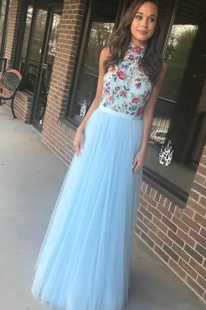Long A-line Light Sky Blue Tulle Flowy Halter Long Prom Dresses Cheap Evening Dress WK404