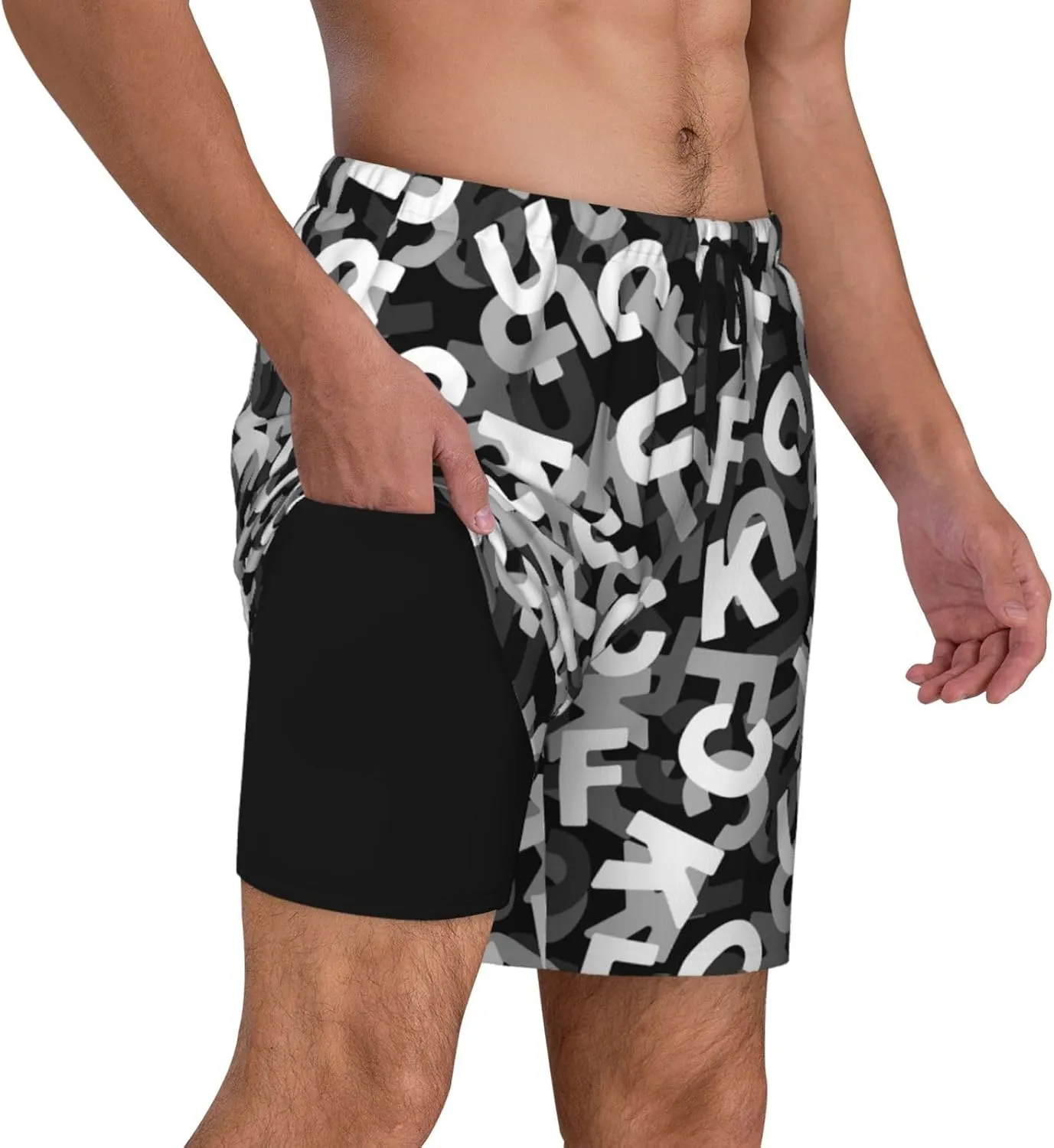 Mens Double Layer Swim Trunks Fuck 3D Letter Board Shorts Beach Shorts with Mesh Lining Surf Swimwear 94
