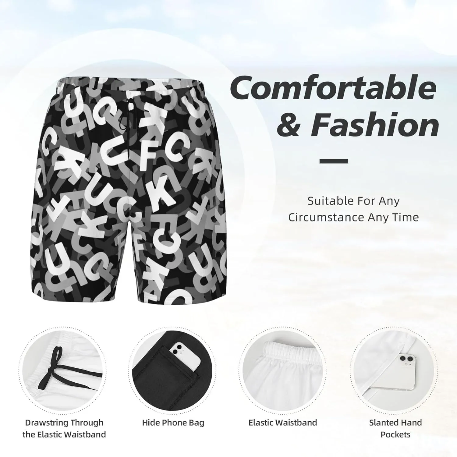 Mens Double Layer Swim Trunks Fuck 3D Letter Board Shorts Beach Shorts with Mesh Lining Surf Swimwear 94