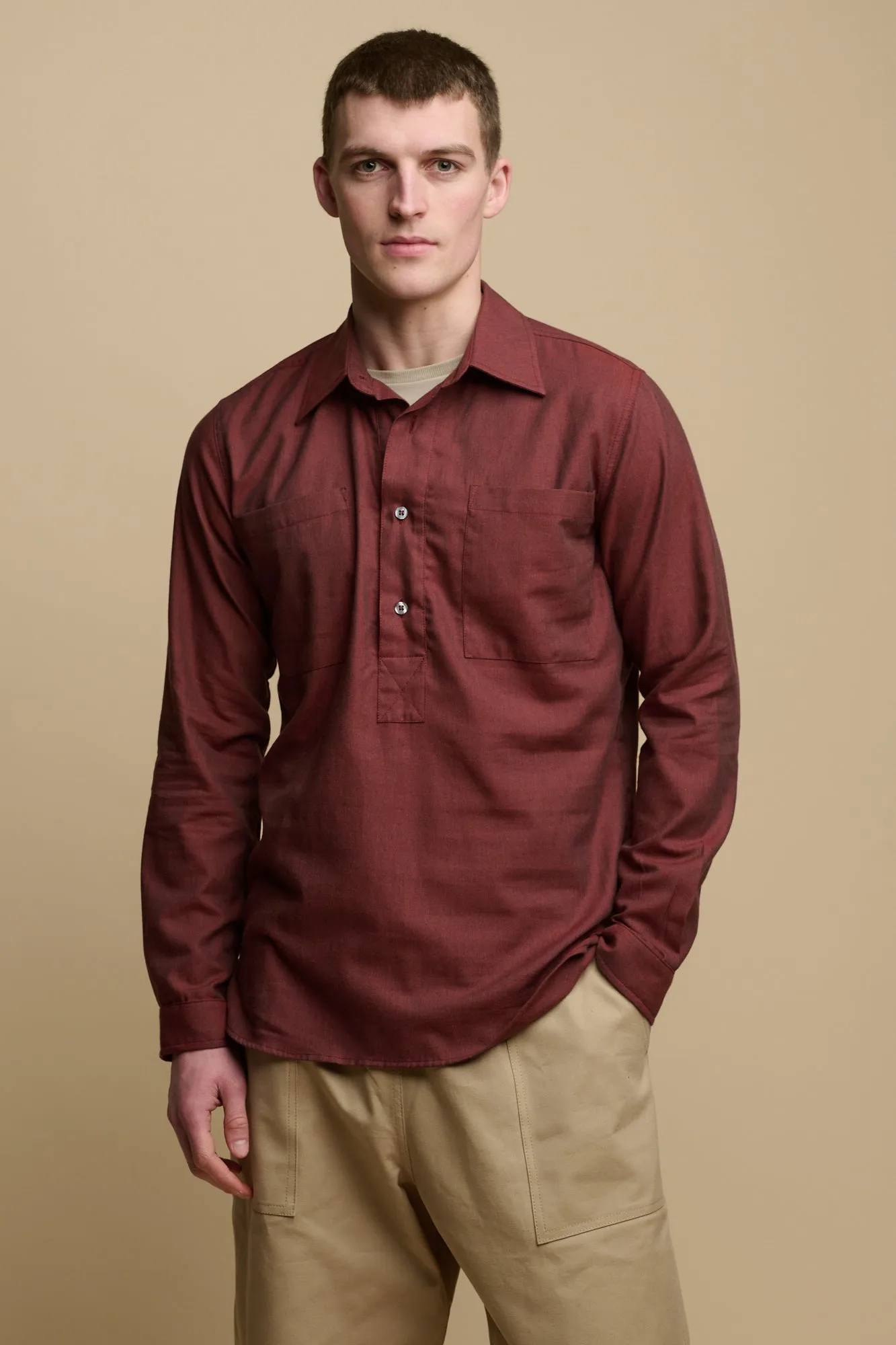 Men's Oli Half Placket Lightweight Brushed Cotton Shirt - Brick Red