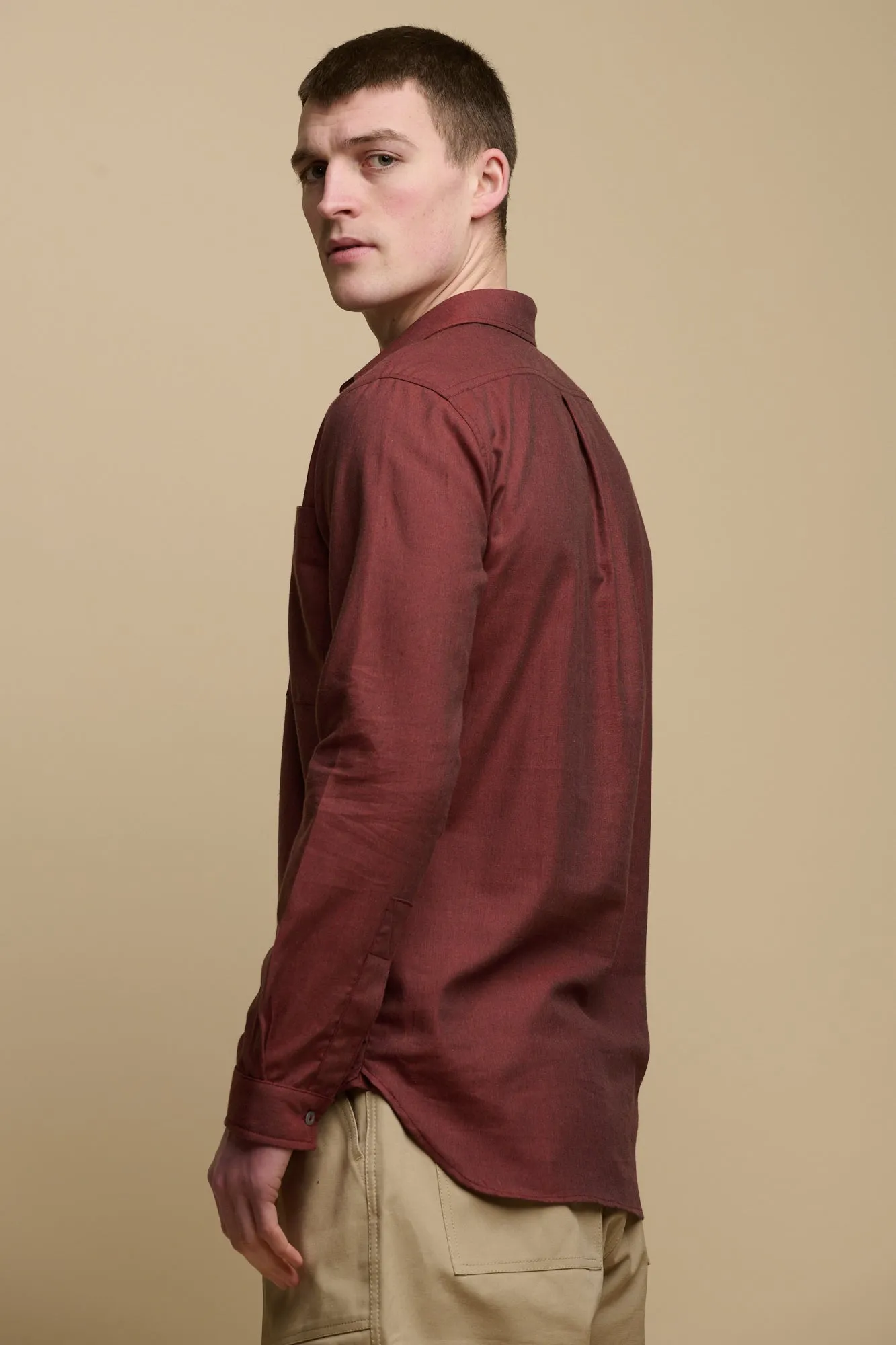 Men's Oli Half Placket Lightweight Brushed Cotton Shirt - Brick Red