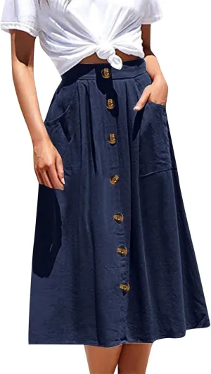 Miyaomn Women's Casual Summer Flowy Midi Skirts Button Decoration High Elastic Waist A-Line Solid Pleated Skirts with Pockets