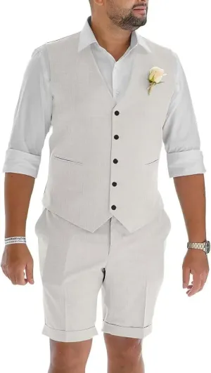 Netsky Mens Linen Suit 2 Piece Slim Fit Short Suits Lightweight Prom Tuxedo Vest and Short Pants for Summer Beach Wedding