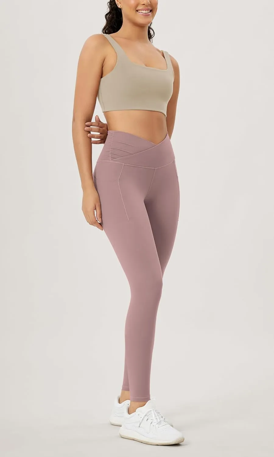 ODODOS Women's Gathered Cross Waist Yoga Leggings with Pockets, 25" / 28" Crossover Workout Yoga Pants