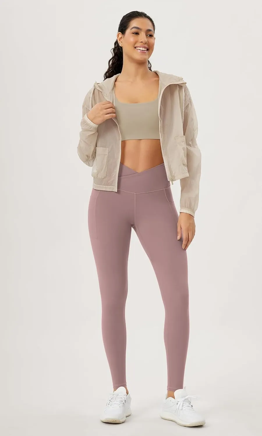 ODODOS Women's Gathered Cross Waist Yoga Leggings with Pockets, 25" / 28" Crossover Workout Yoga Pants