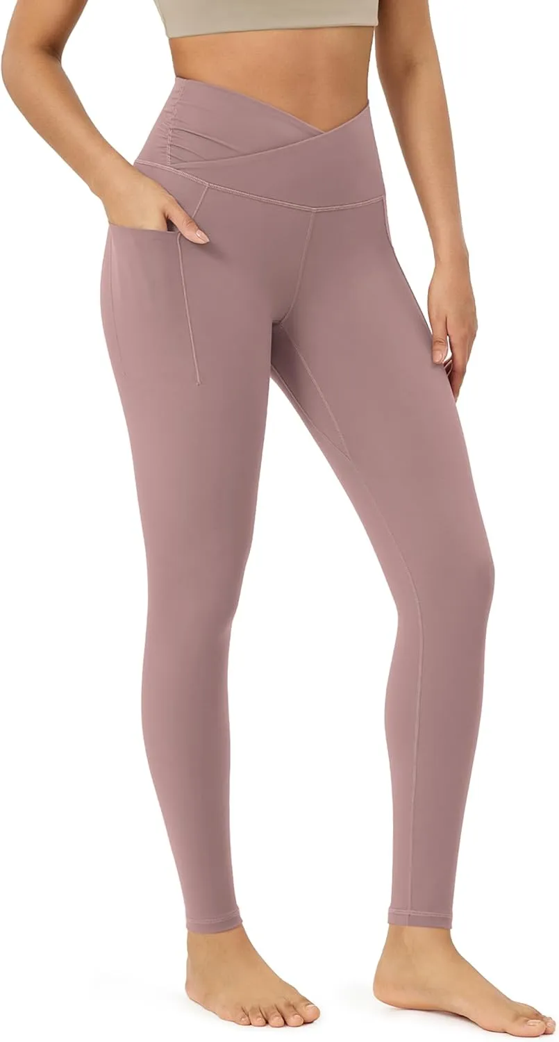 ODODOS Women's Gathered Cross Waist Yoga Leggings with Pockets, 25" / 28" Crossover Workout Yoga Pants