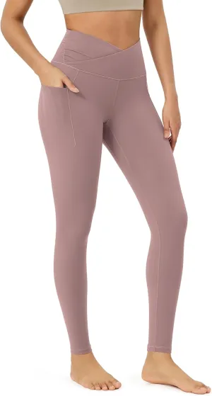 ODODOS Women's Gathered Cross Waist Yoga Leggings with Pockets, 25" / 28" Crossover Workout Yoga Pants