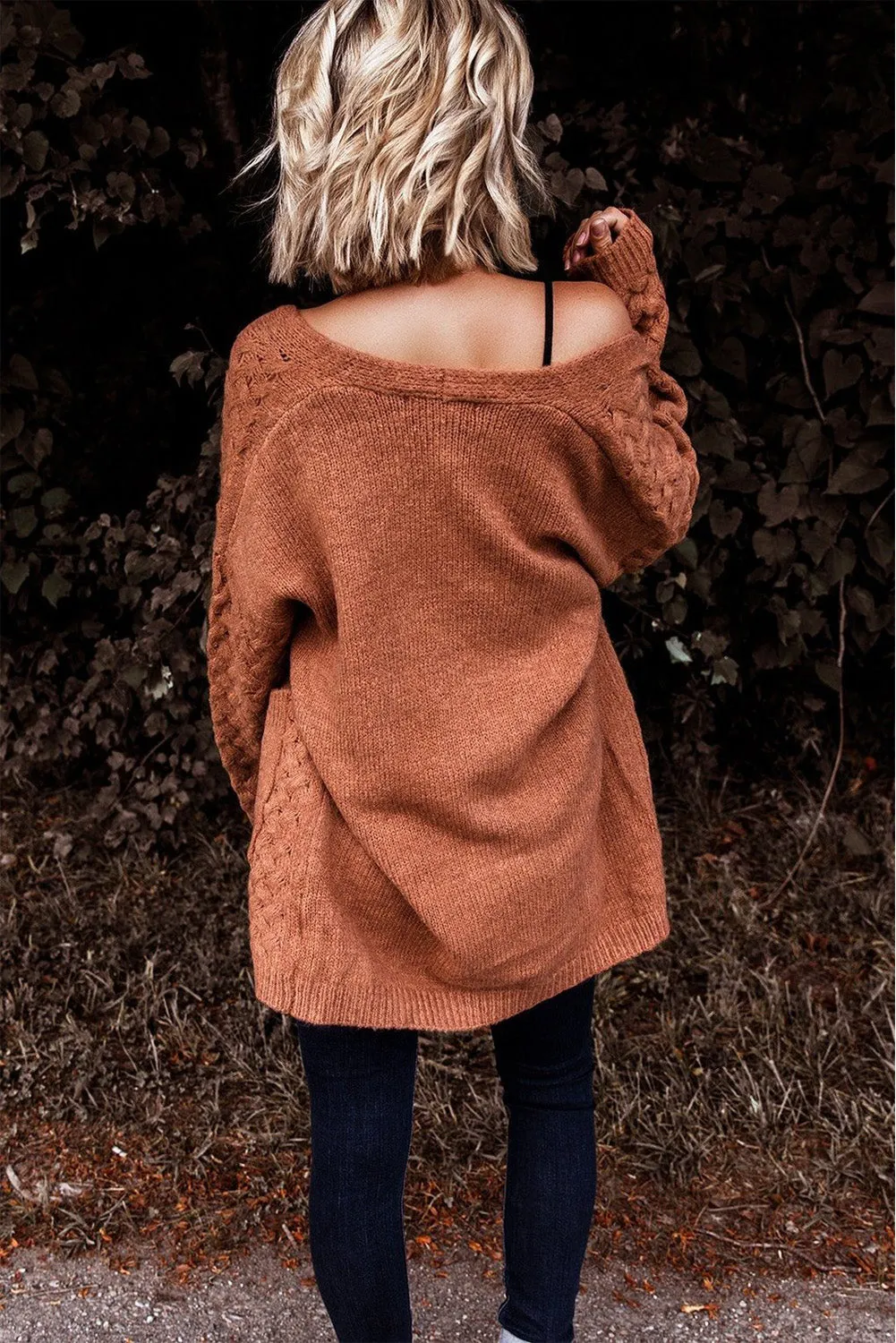 Open Front Woven Texture Knitted Cardigan with Pockets