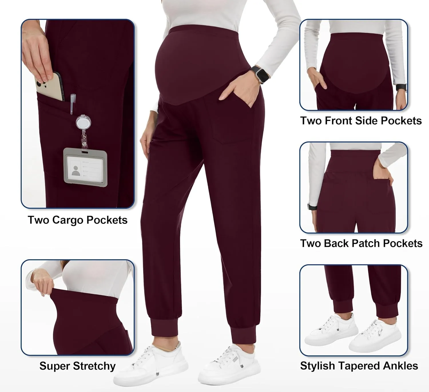 PACBREEZE Women's Maternity Scrubs with 6 Pockets, Workwear Maternity Jogger Scrubs Pregnancy Pants, S-XXL