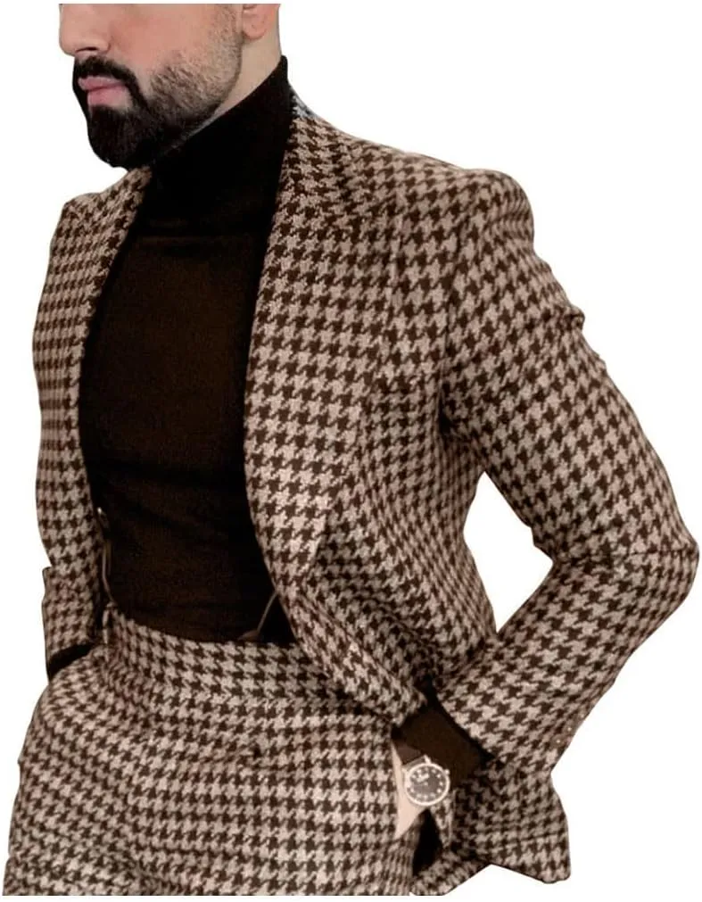 Premium Houndstooth Dogstooth Plaid Slim Fit Tuxedo Prom Wedding Groom Suits Set Jacket Blazer Pants Sport Coat
