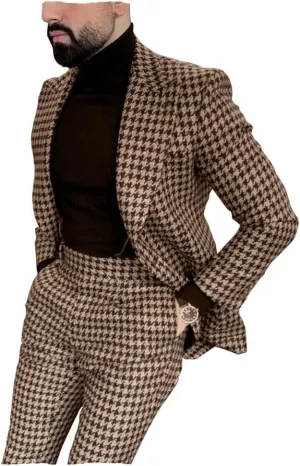 Premium Houndstooth Dogstooth Plaid Slim Fit Tuxedo Prom Wedding Groom Suits Set Jacket Blazer Pants Sport Coat