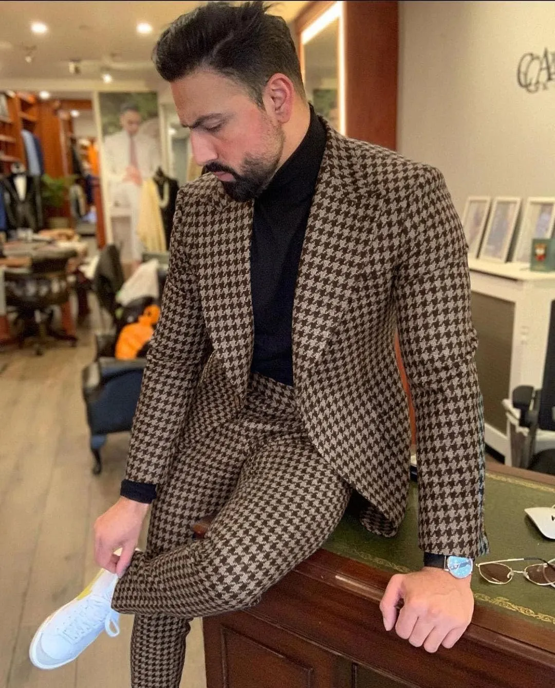 Premium Houndstooth Dogstooth Plaid Slim Fit Tuxedo Prom Wedding Groom Suits Set Jacket Blazer Pants Sport Coat