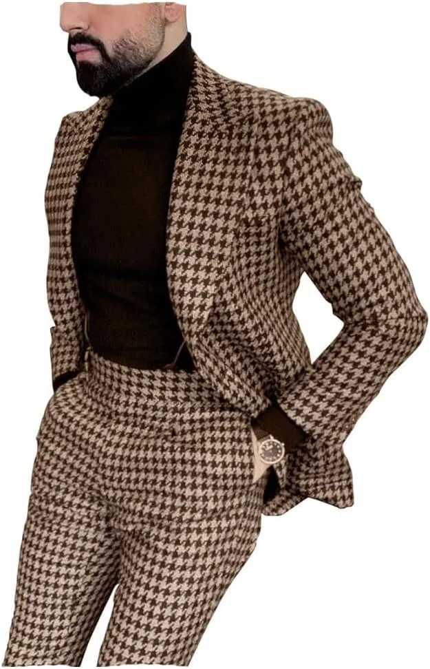 Premium Houndstooth Dogstooth Plaid Slim Fit Tuxedo Prom Wedding Groom Suits Set Jacket Blazer Pants Sport Coat