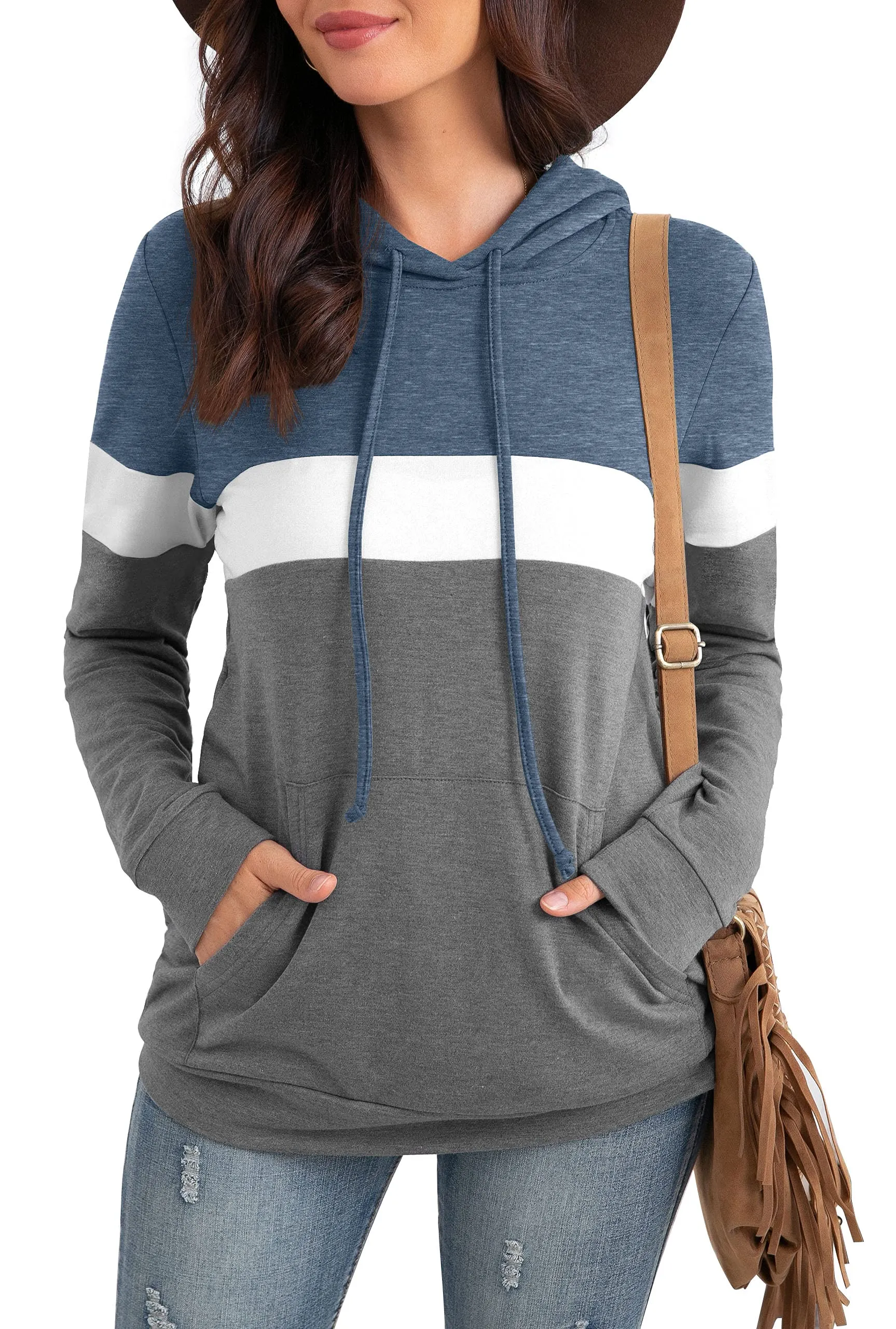 PrinStory Fall Drawstring Sweatshirts Color Block Tops Long Sleeve Loose Pullover Sweatshirts With Pocket For Women