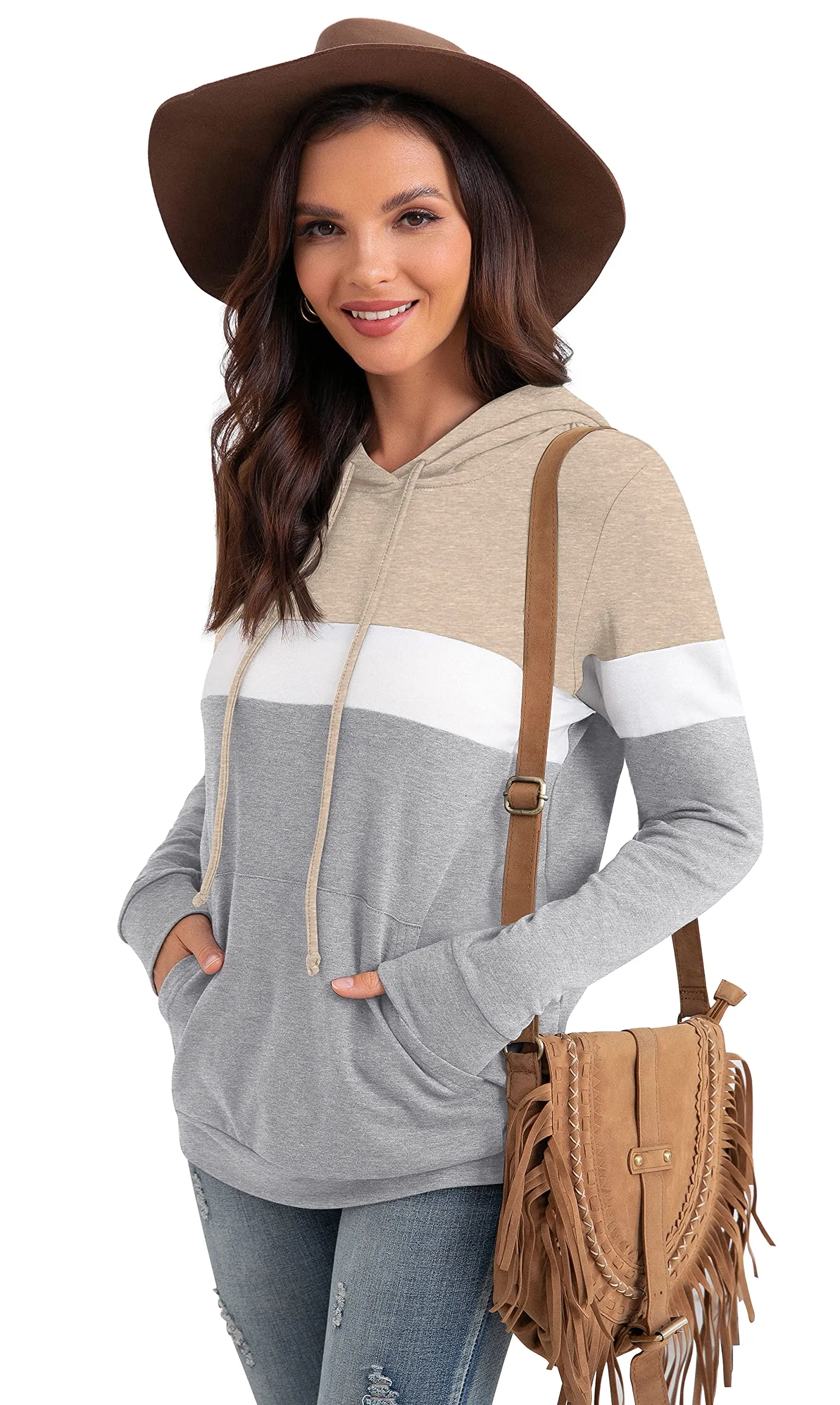 PrinStory Fall Drawstring Sweatshirts Color Block Tops Long Sleeve Loose Pullover Sweatshirts With Pocket For Women