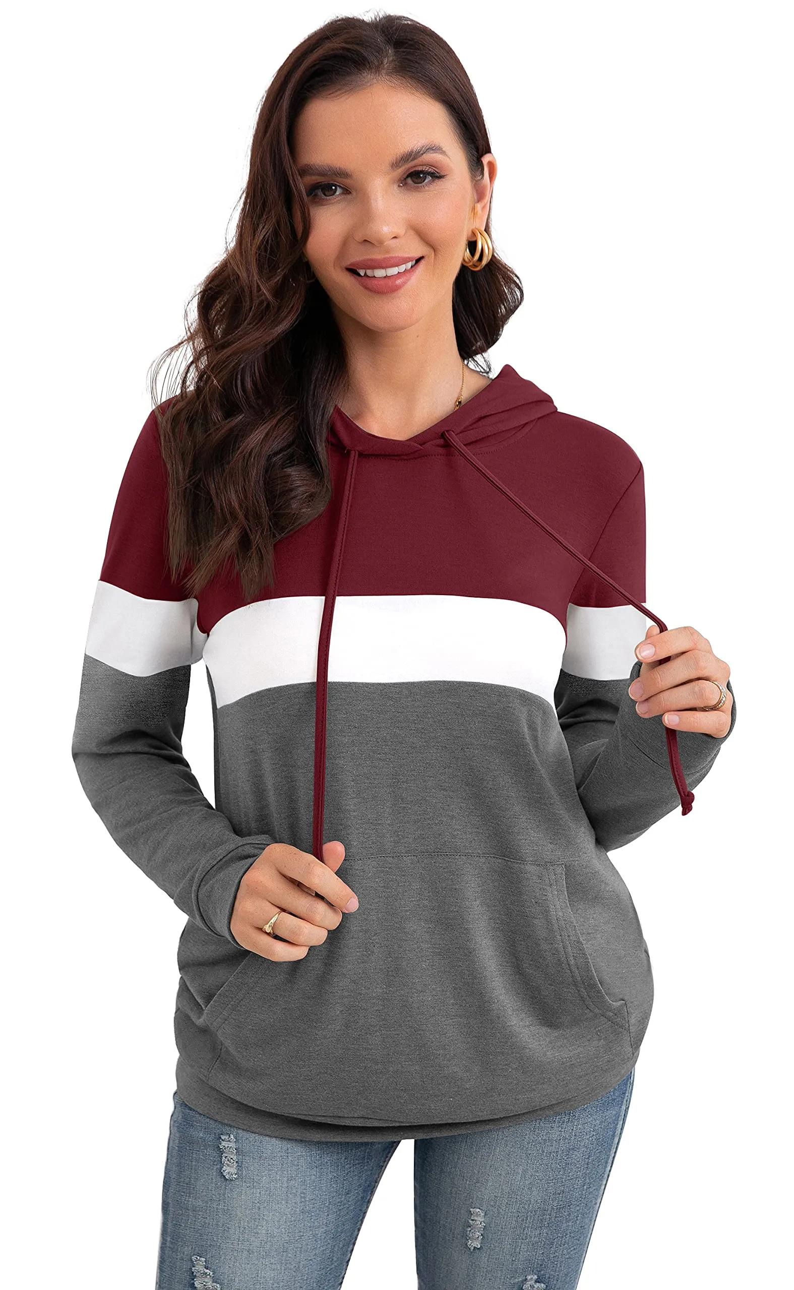 PrinStory Fall Drawstring Sweatshirts Color Block Tops Long Sleeve Loose Pullover Sweatshirts With Pocket For Women
