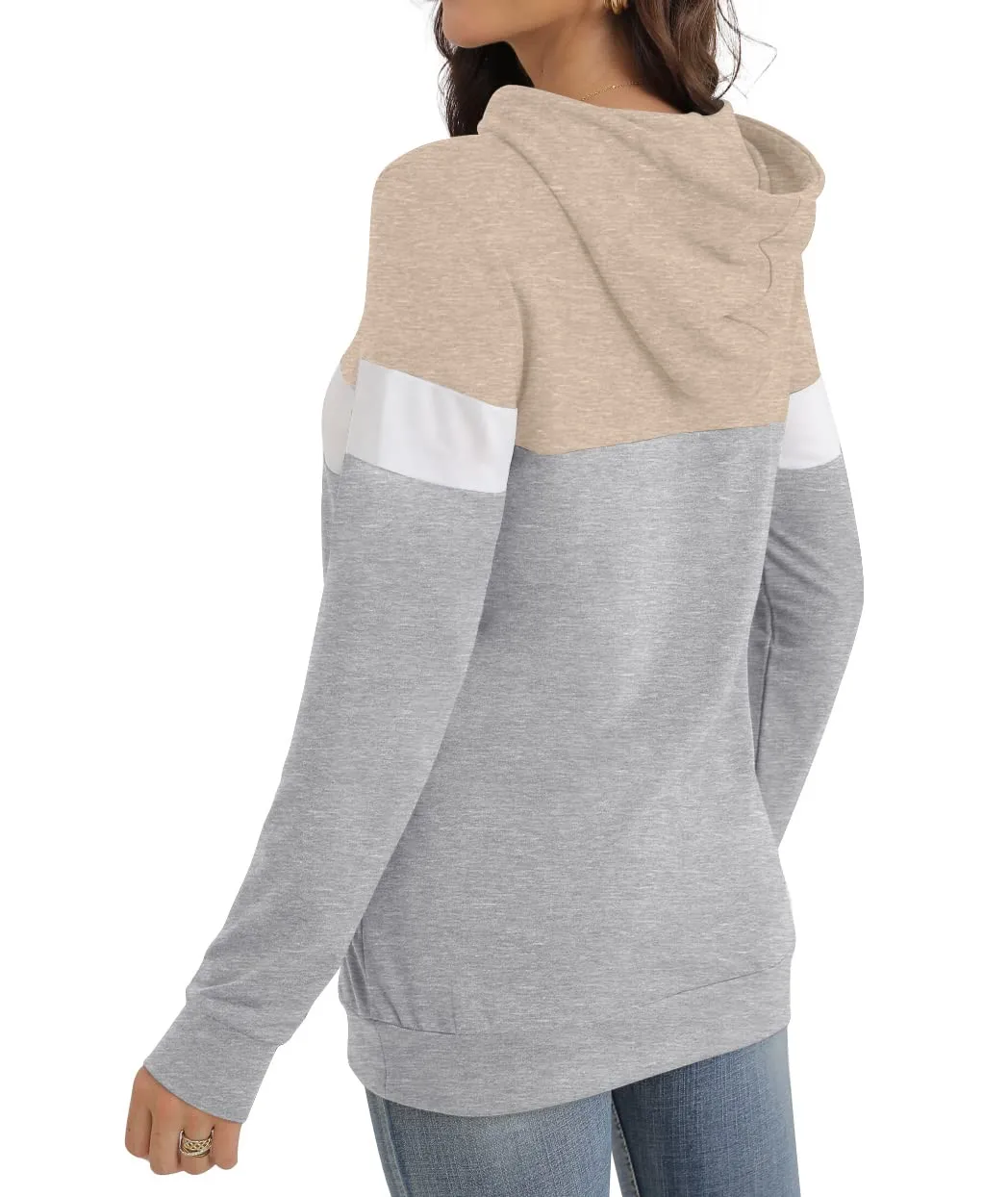 PrinStory Fall Drawstring Sweatshirts Color Block Tops Long Sleeve Loose Pullover Sweatshirts With Pocket For Women