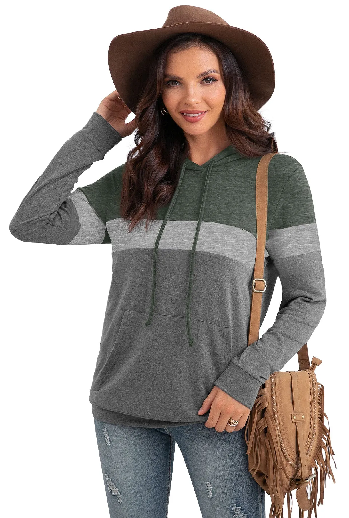 PrinStory Fall Drawstring Sweatshirts Color Block Tops Long Sleeve Loose Pullover Sweatshirts With Pocket For Women