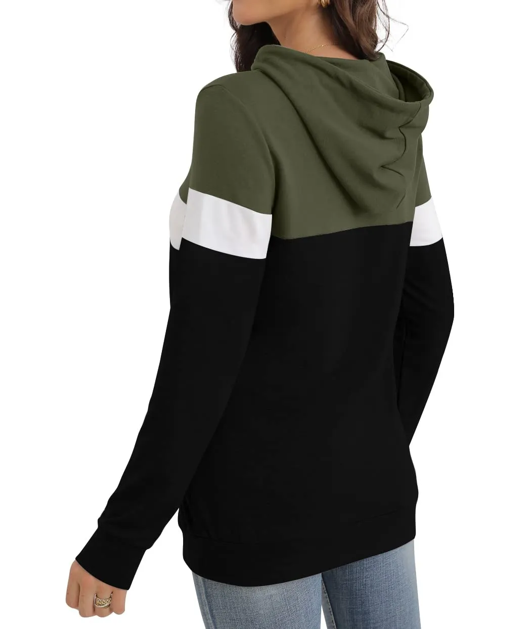 PrinStory Fall Drawstring Sweatshirts Color Block Tops Long Sleeve Loose Pullover Sweatshirts With Pocket For Women