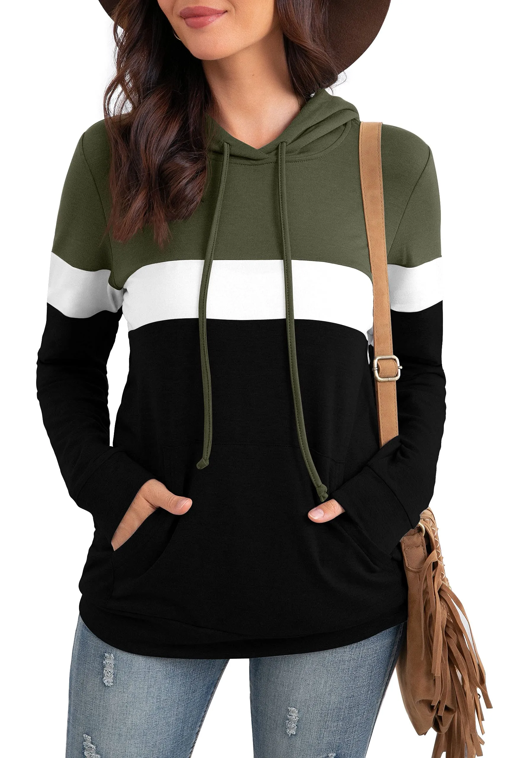 PrinStory Fall Drawstring Sweatshirts Color Block Tops Long Sleeve Loose Pullover Sweatshirts With Pocket For Women