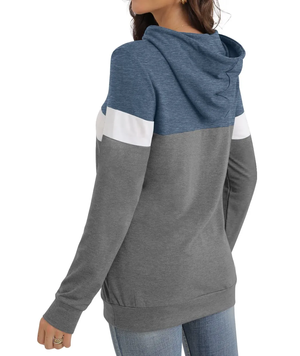 PrinStory Fall Drawstring Sweatshirts Color Block Tops Long Sleeve Loose Pullover Sweatshirts With Pocket For Women