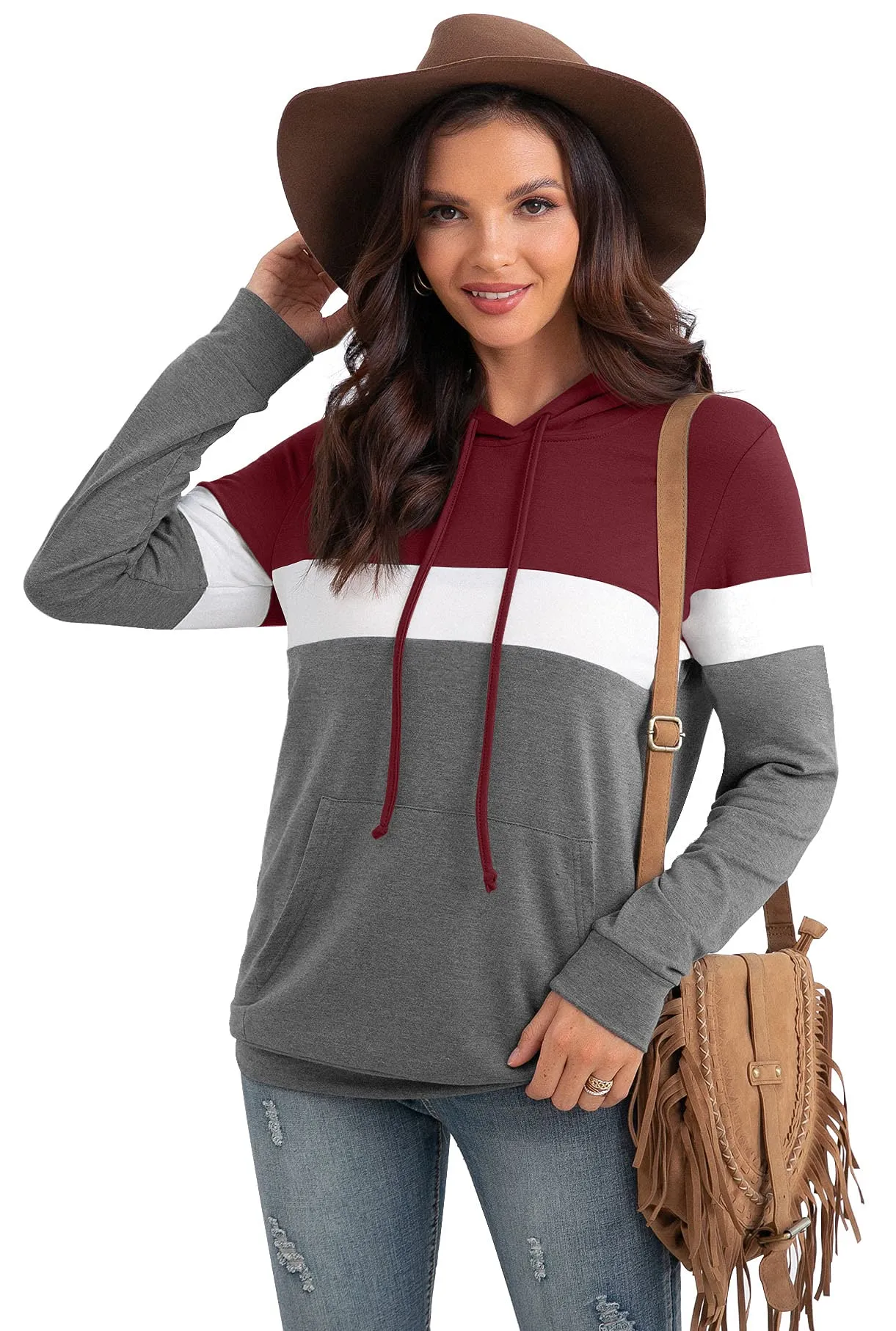 PrinStory Fall Drawstring Sweatshirts Color Block Tops Long Sleeve Loose Pullover Sweatshirts With Pocket For Women