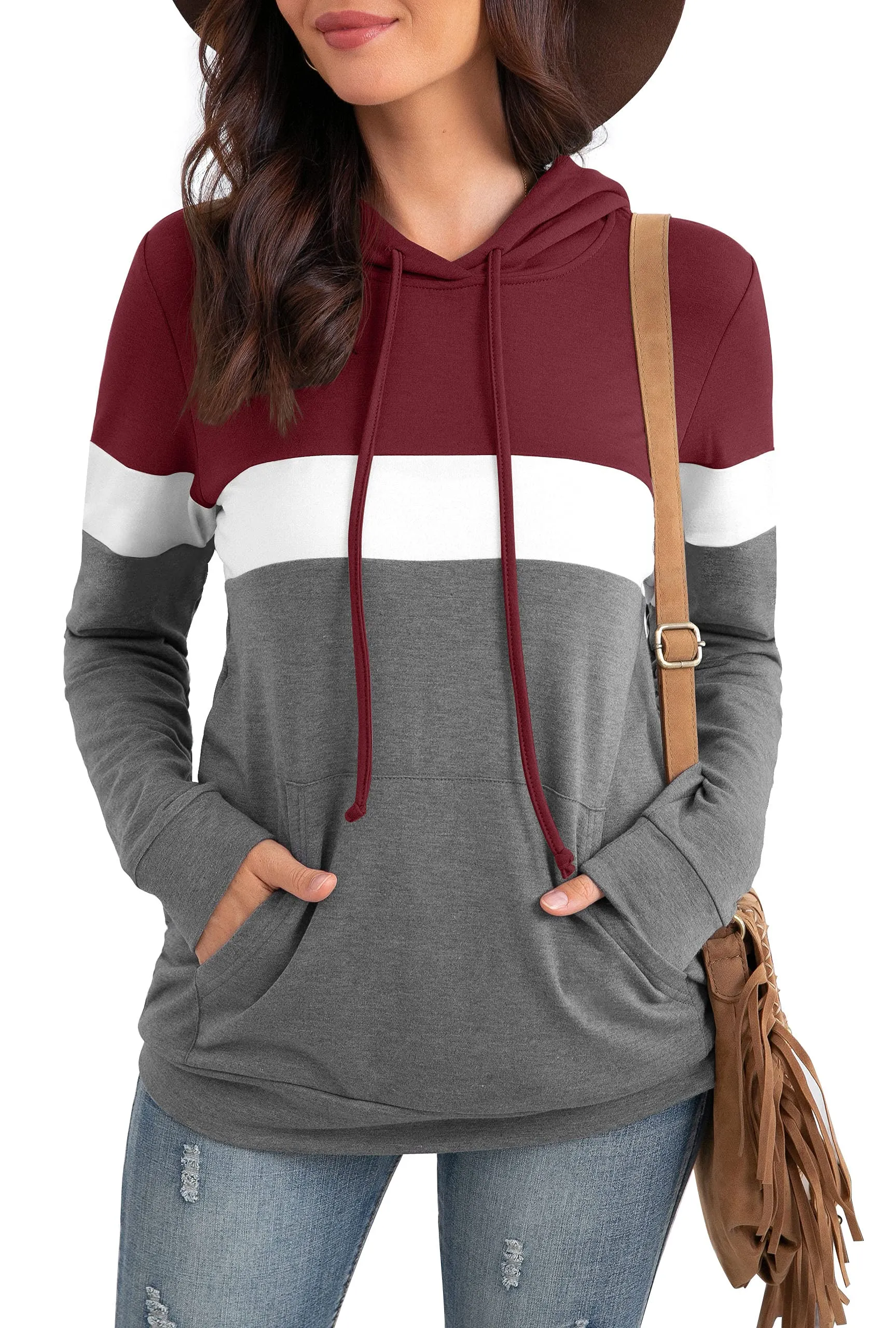 PrinStory Fall Drawstring Sweatshirts Color Block Tops Long Sleeve Loose Pullover Sweatshirts With Pocket For Women