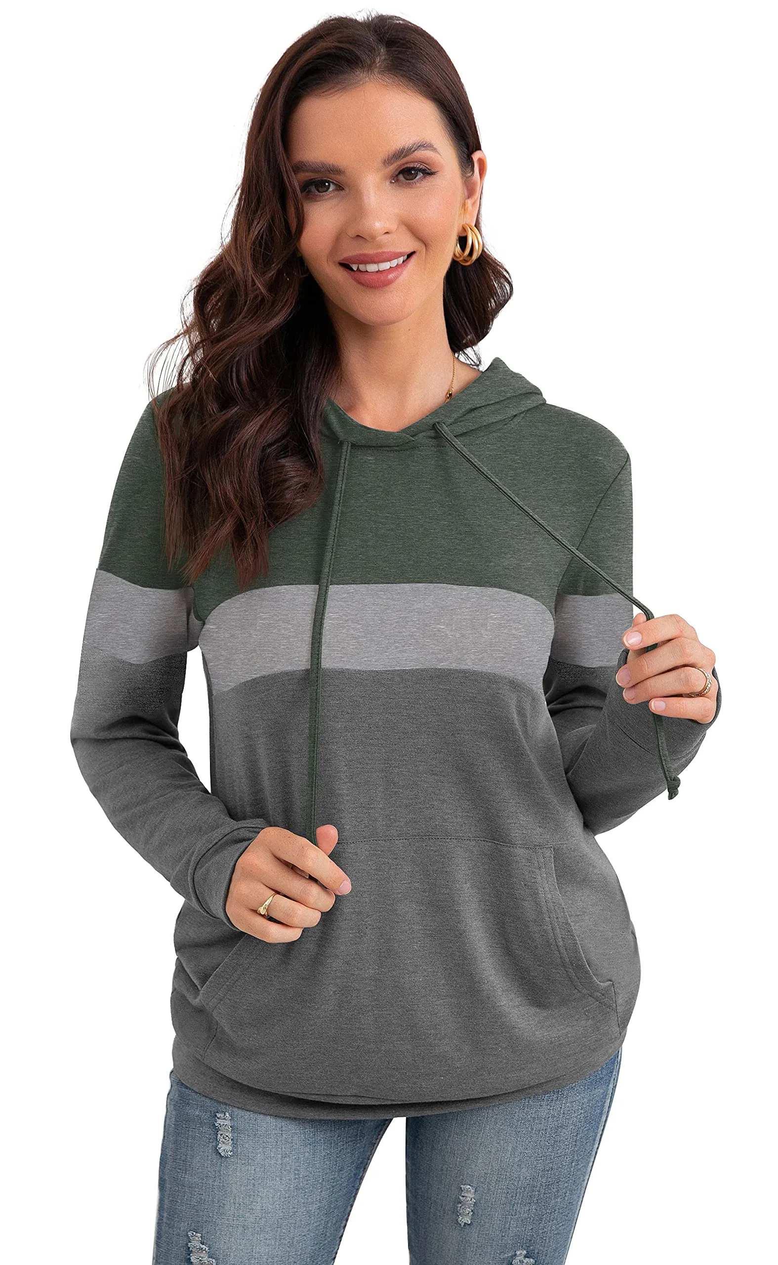 PrinStory Fall Drawstring Sweatshirts Color Block Tops Long Sleeve Loose Pullover Sweatshirts With Pocket For Women