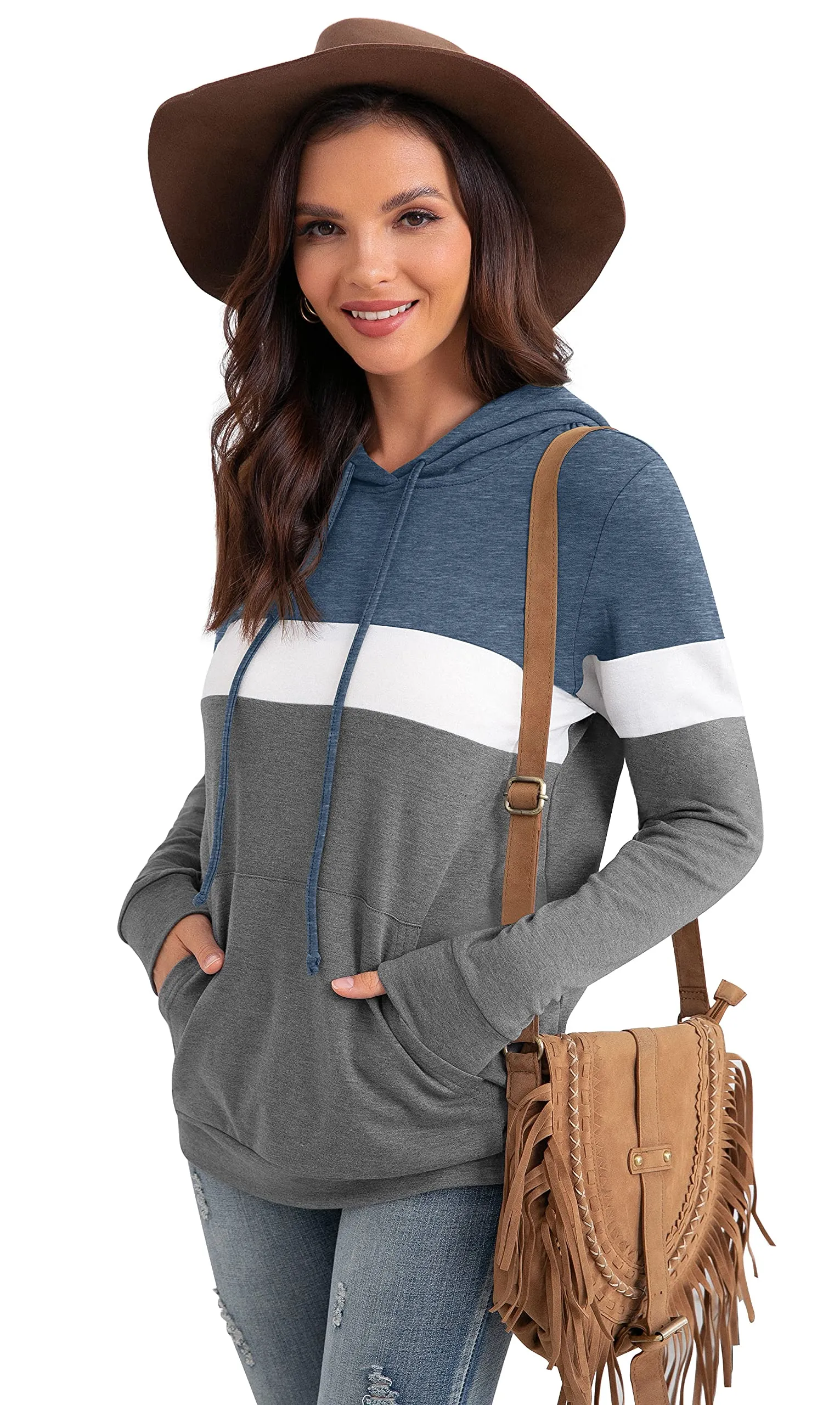 PrinStory Fall Drawstring Sweatshirts Color Block Tops Long Sleeve Loose Pullover Sweatshirts With Pocket For Women