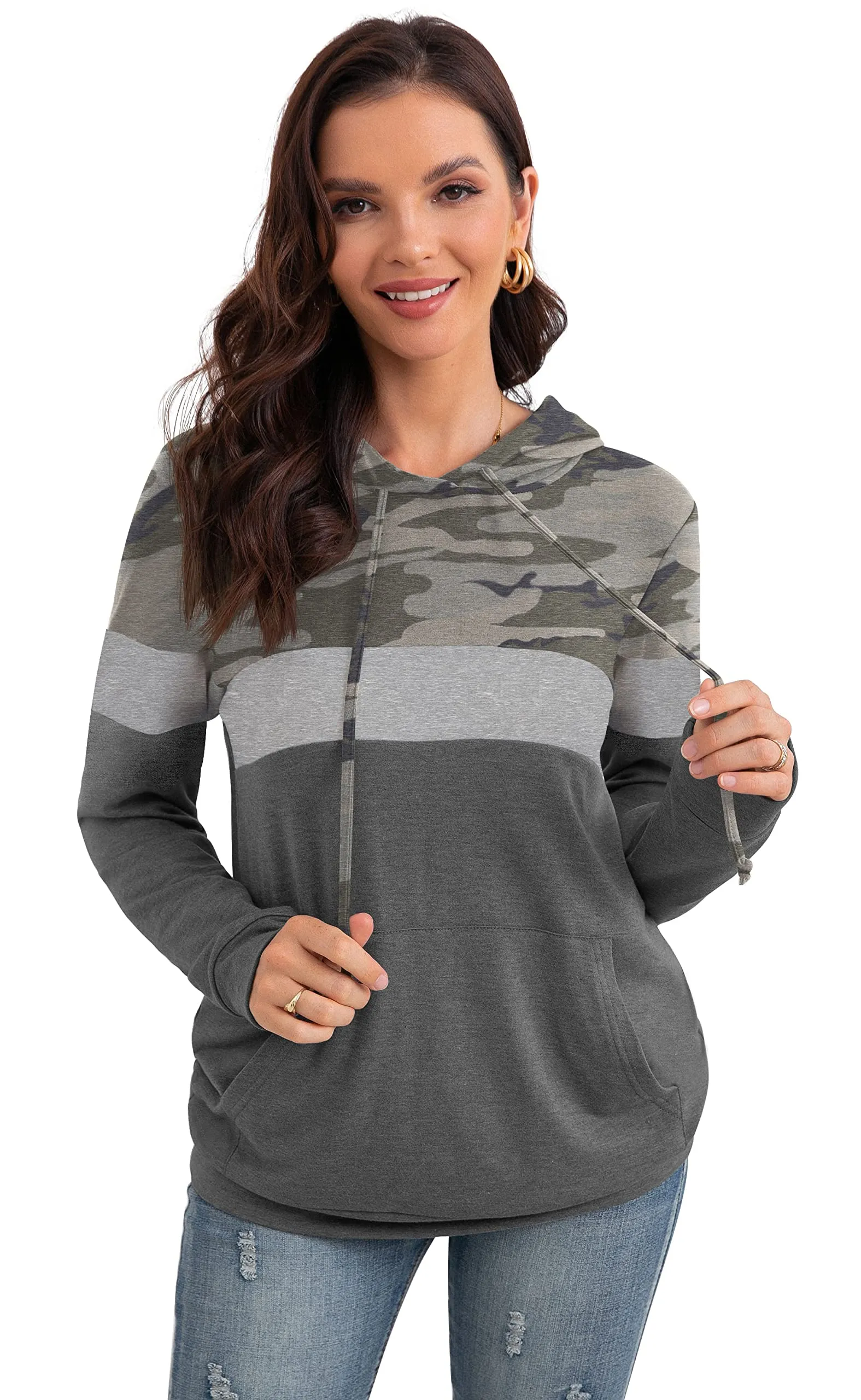 PrinStory Fall Drawstring Sweatshirts Color Block Tops Long Sleeve Loose Pullover Sweatshirts With Pocket For Women