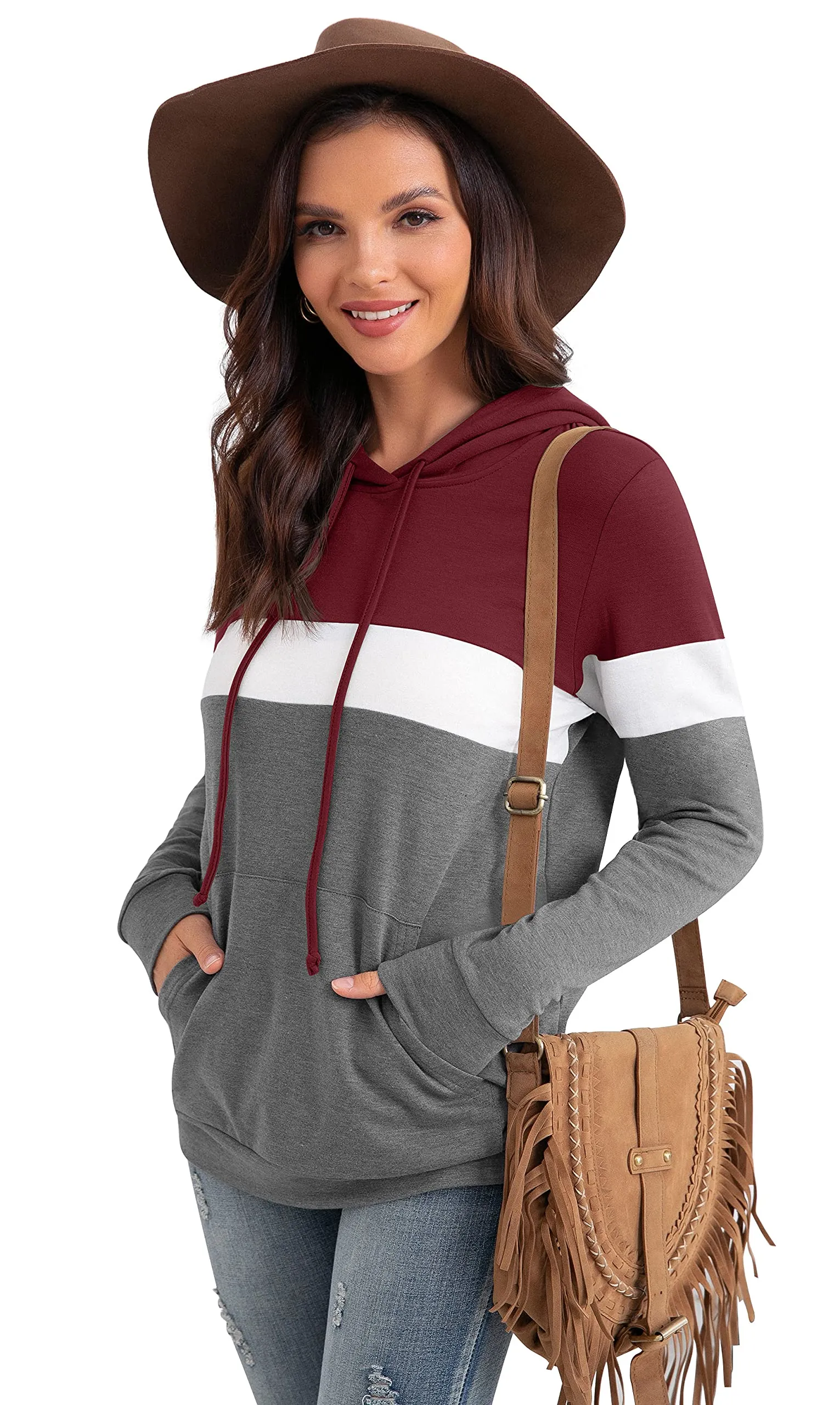 PrinStory Fall Drawstring Sweatshirts Color Block Tops Long Sleeve Loose Pullover Sweatshirts With Pocket For Women