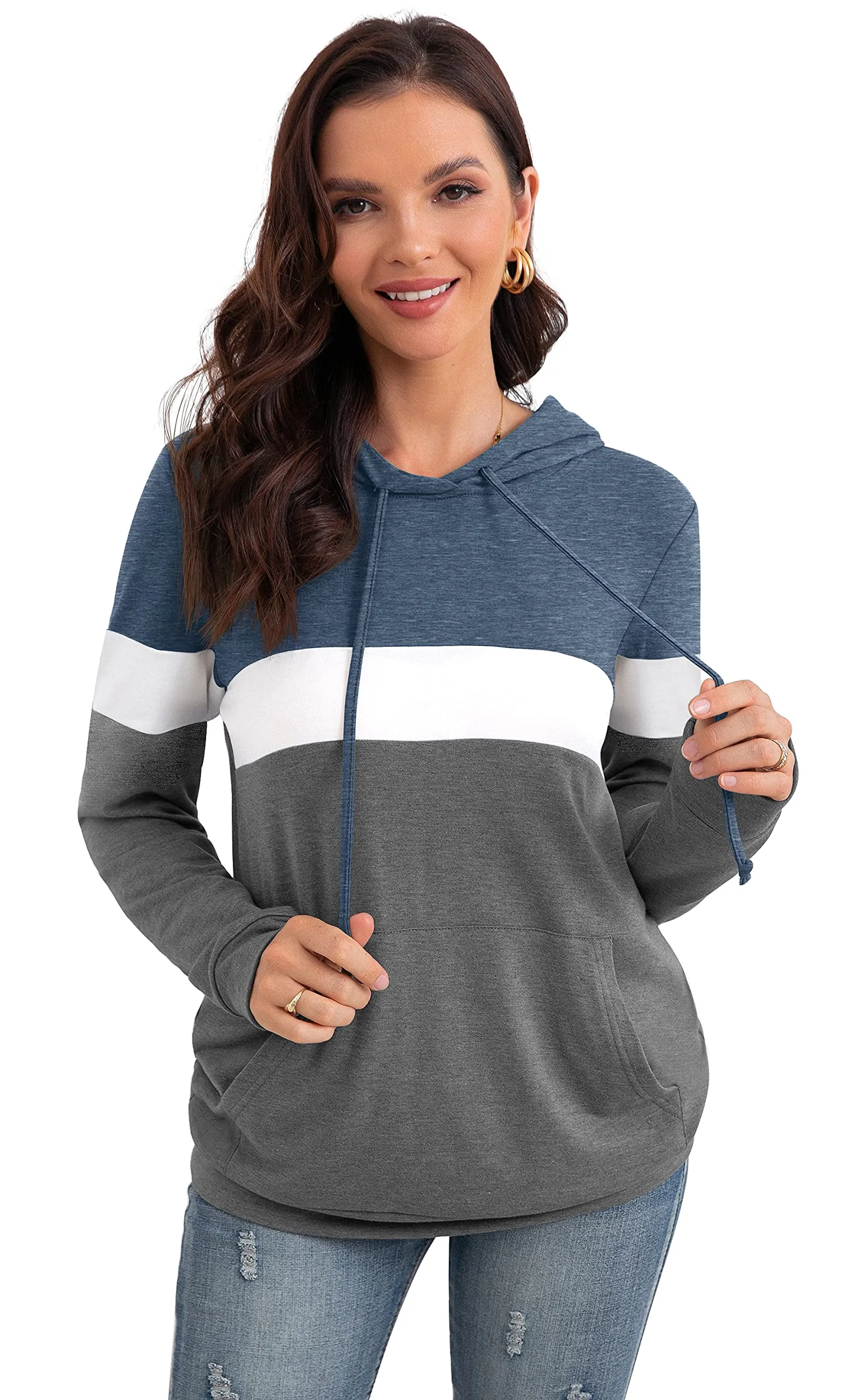 PrinStory Fall Drawstring Sweatshirts Color Block Tops Long Sleeve Loose Pullover Sweatshirts With Pocket For Women