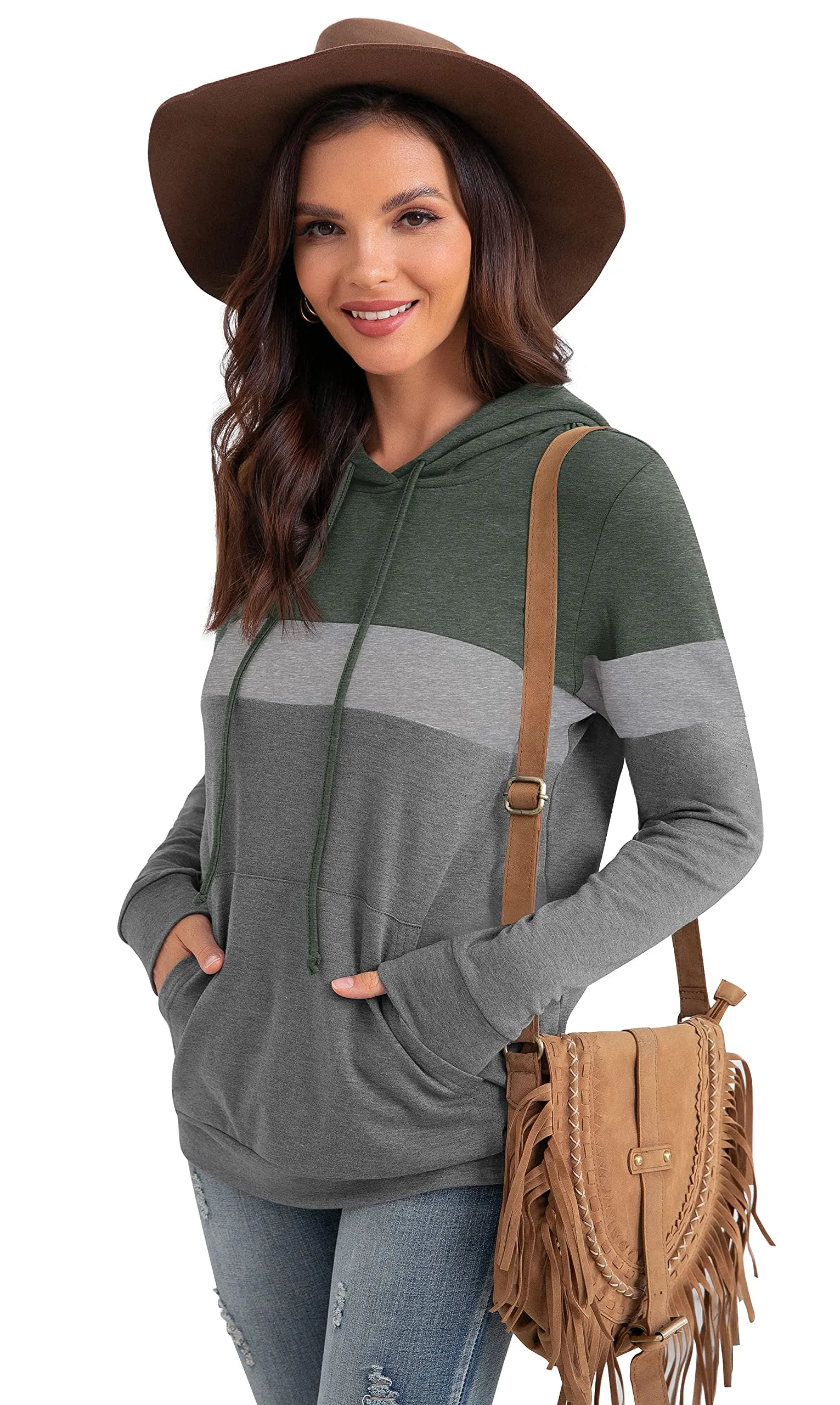 PrinStory Fall Drawstring Sweatshirts Color Block Tops Long Sleeve Loose Pullover Sweatshirts With Pocket For Women