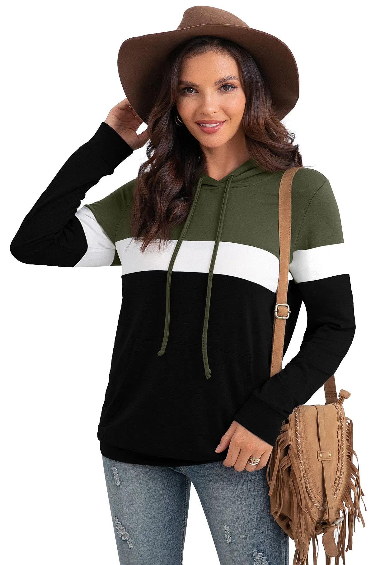 PrinStory Fall Drawstring Sweatshirts Color Block Tops Long Sleeve Loose Pullover Sweatshirts With Pocket For Women