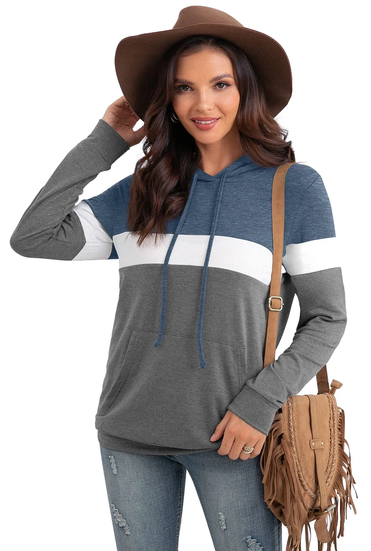 PrinStory Fall Drawstring Sweatshirts Color Block Tops Long Sleeve Loose Pullover Sweatshirts With Pocket For Women