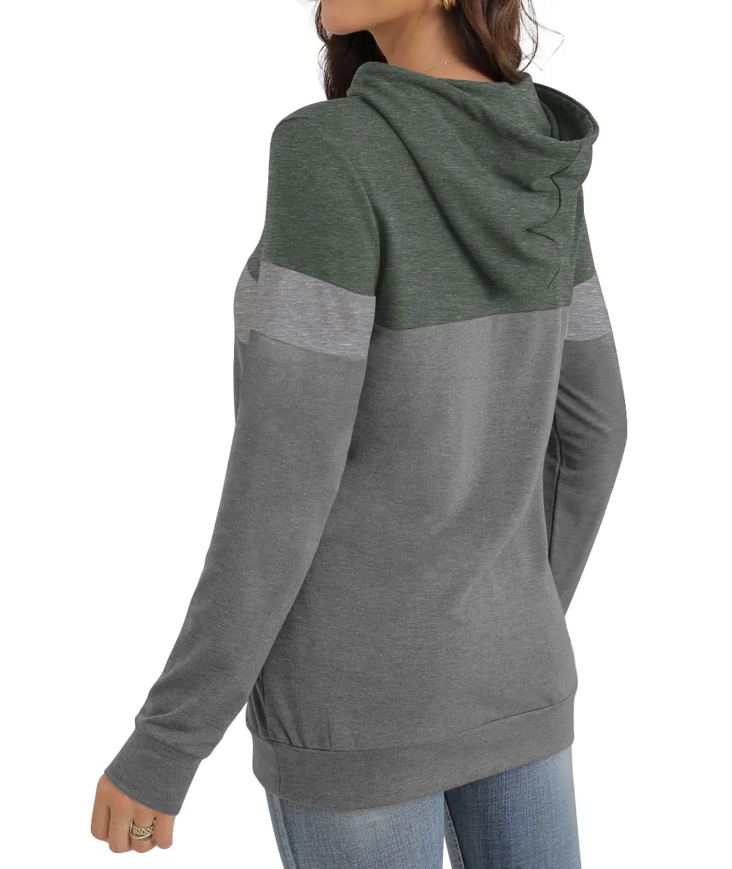 PrinStory Fall Drawstring Sweatshirts Color Block Tops Long Sleeve Loose Pullover Sweatshirts With Pocket For Women