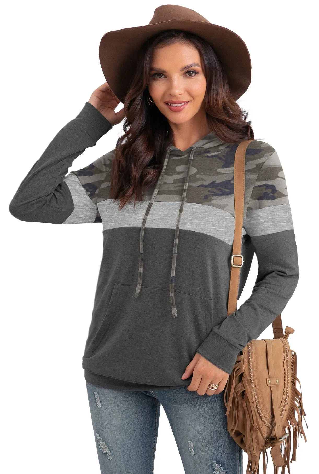 PrinStory Fall Drawstring Sweatshirts Color Block Tops Long Sleeve Loose Pullover Sweatshirts With Pocket For Women