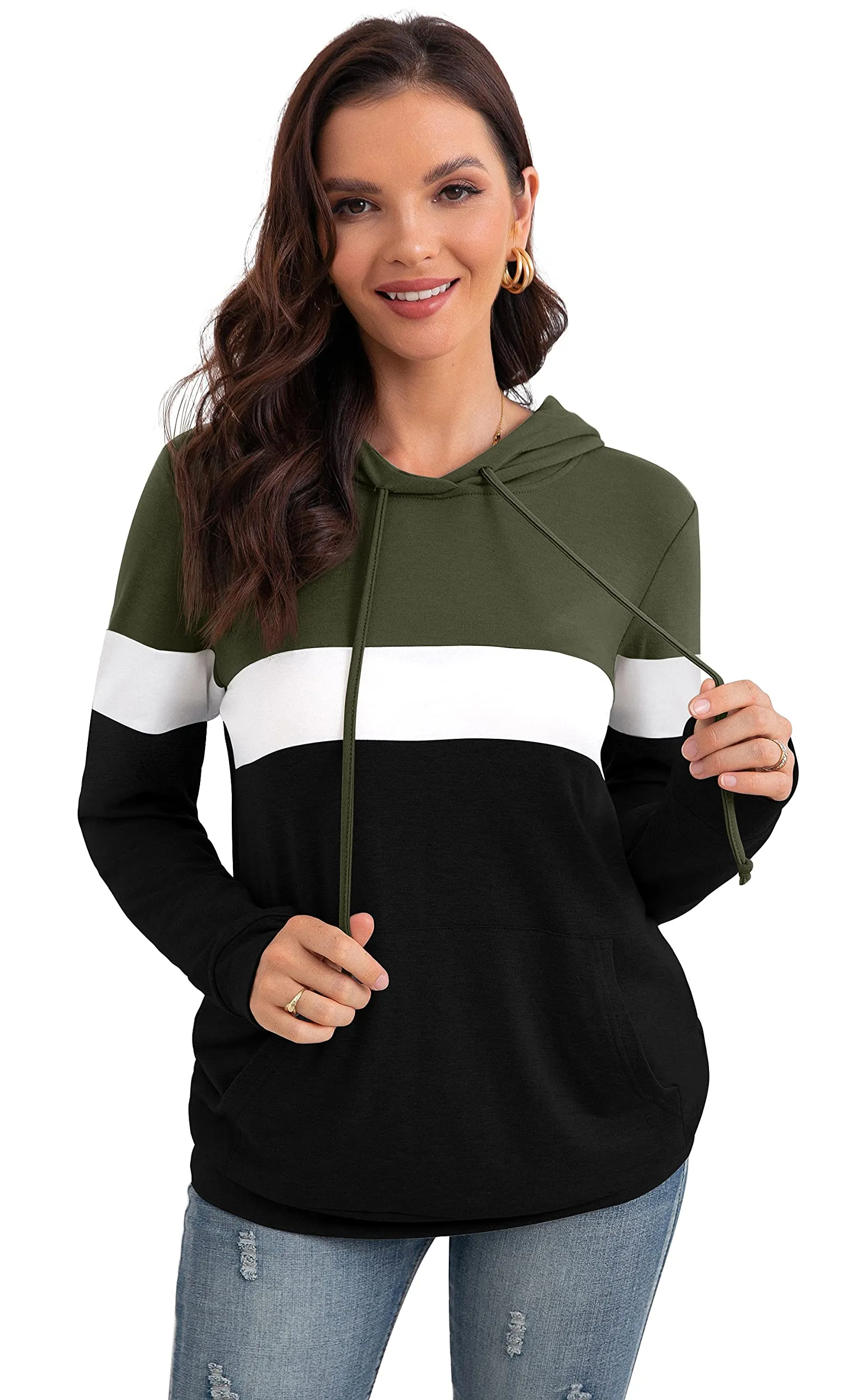 PrinStory Fall Drawstring Sweatshirts Color Block Tops Long Sleeve Loose Pullover Sweatshirts With Pocket For Women