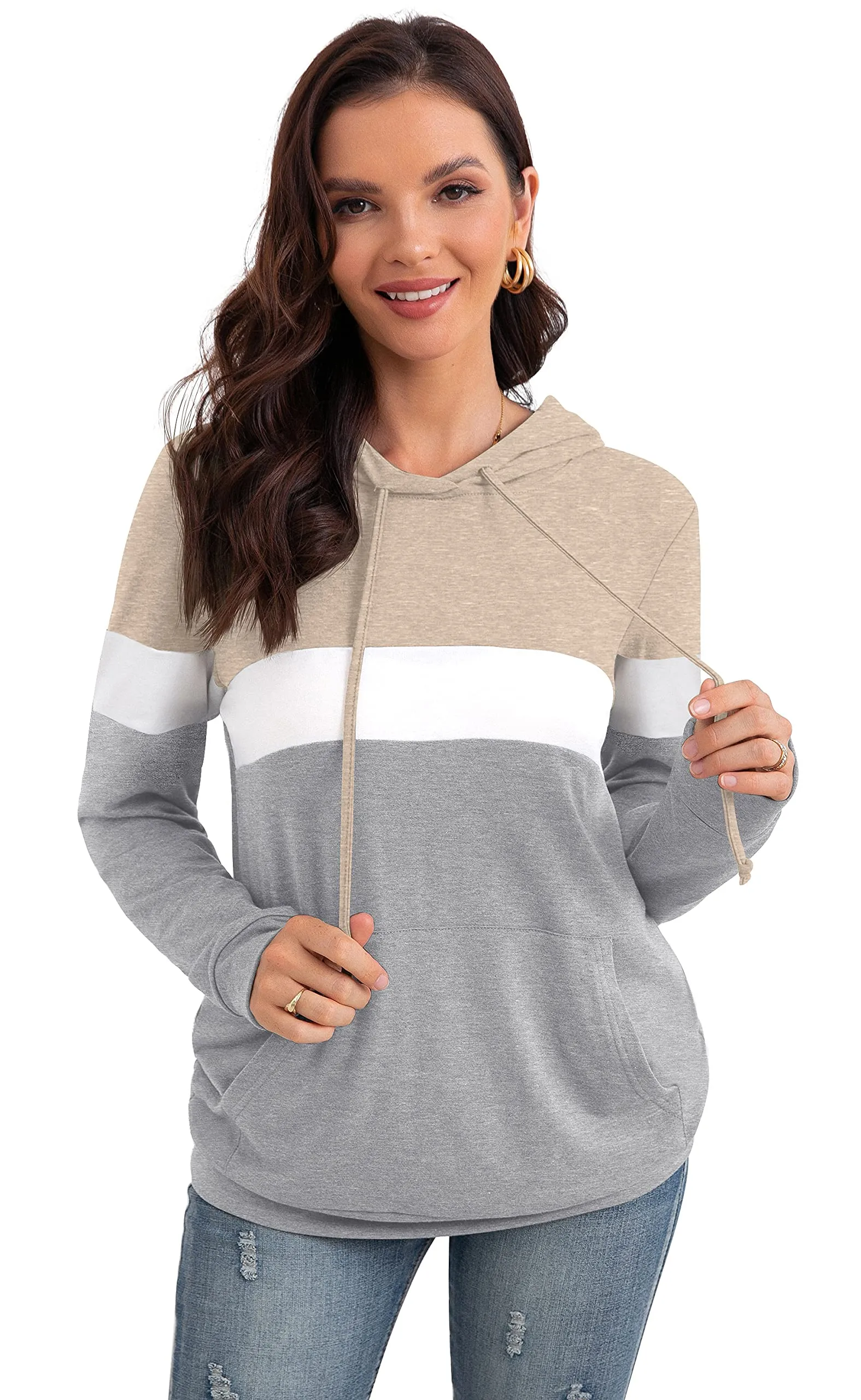 PrinStory Fall Drawstring Sweatshirts Color Block Tops Long Sleeve Loose Pullover Sweatshirts With Pocket For Women