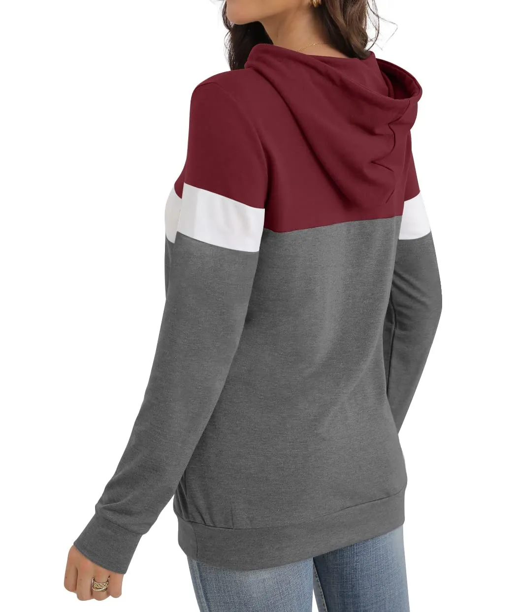PrinStory Fall Drawstring Sweatshirts Color Block Tops Long Sleeve Loose Pullover Sweatshirts With Pocket For Women