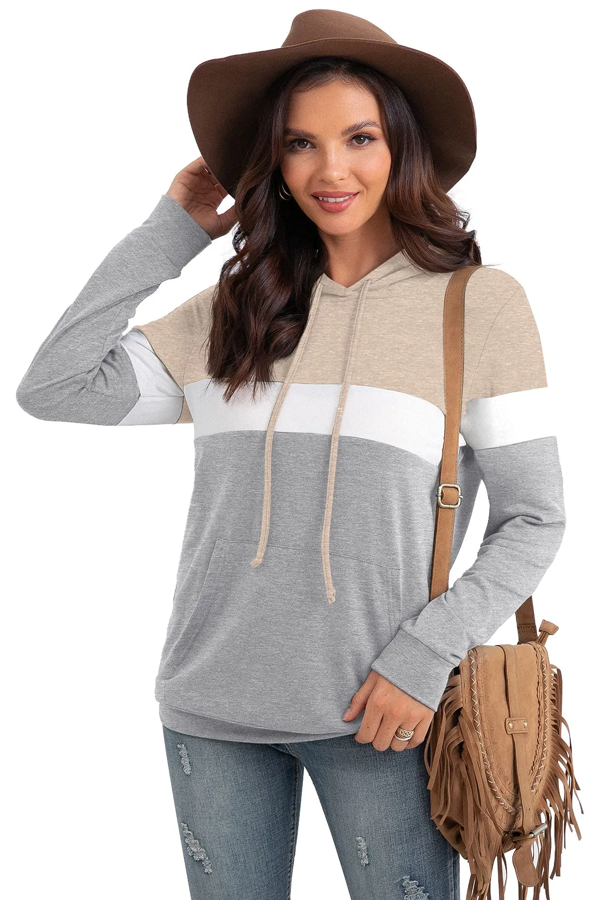 PrinStory Fall Drawstring Sweatshirts Color Block Tops Long Sleeve Loose Pullover Sweatshirts With Pocket For Women