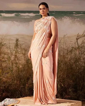 Salmon Bloom Skein Tailored Ruched Sari Set