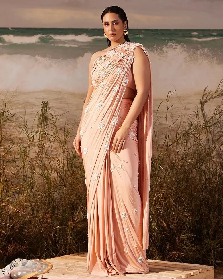 Salmon Bloom Skein Tailored Ruched Sari Set