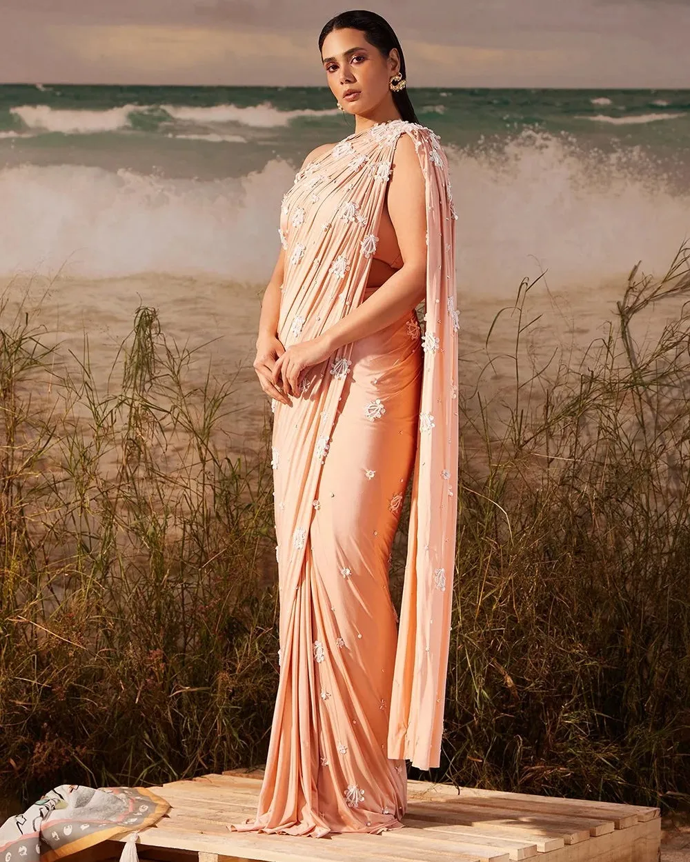 Salmon Bloom Skein Tailored Ruched Sari Set