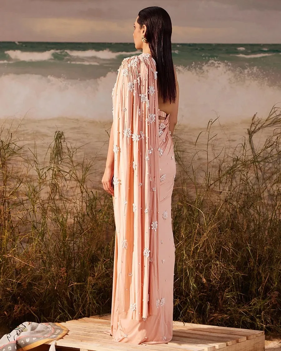 Salmon Bloom Skein Tailored Ruched Sari Set
